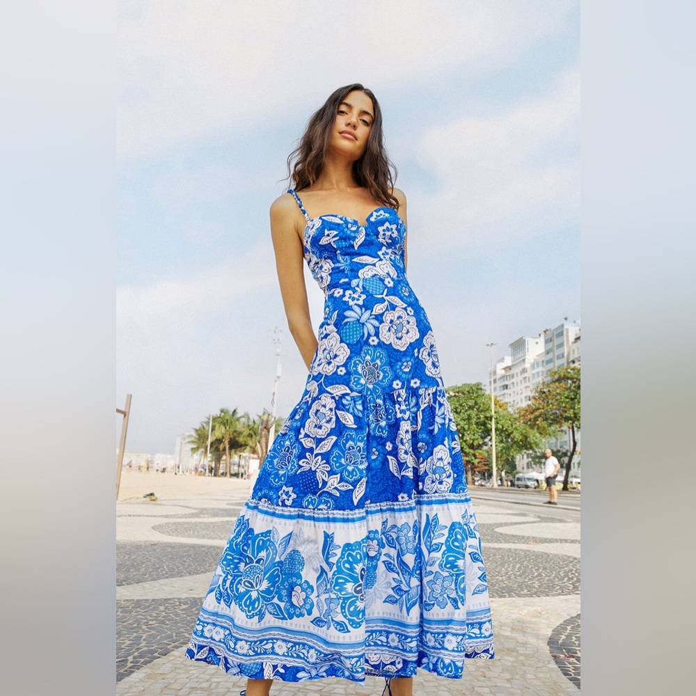 Farm Rio Blue Full of Flowers Organic Cotton MIDI Dress NWT Sz Large MSRP $248